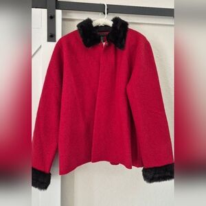 Carole Little Red Wool Blazer/Cardigan With Black Fur Accents.